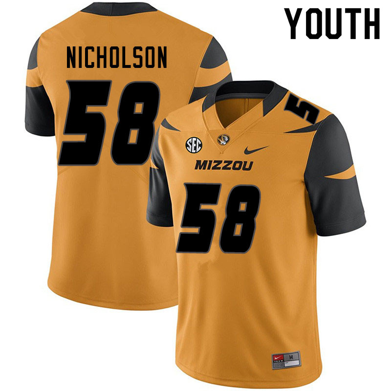 Youth #58 Devin Nicholson Missouri Tigers College Football Jerseys Sale-Yellow - Click Image to Close